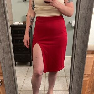 Red knee length pencil skirt LRG thigh high slit